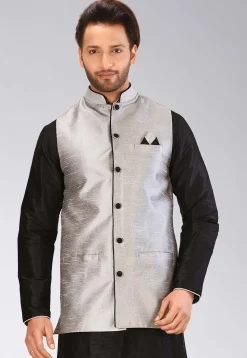 Solid Color Dupion Silk Nehru Jacket in Grey