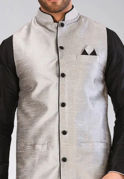 Solid Color Dupion Silk Nehru Jacket in Grey
