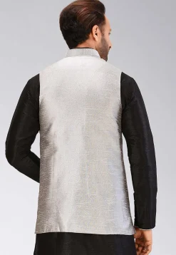 Solid Color Dupion Silk Nehru Jacket in Grey