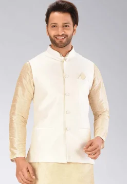 Solid Color Dupion Silk Nehru Jacket in Cream