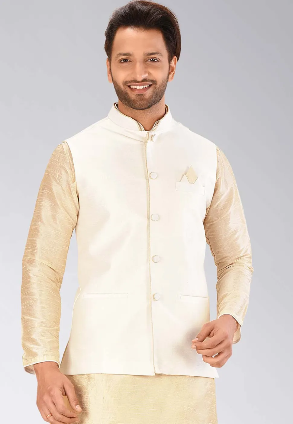 Solid Color Dupion Silk Nehru Jacket in Cream