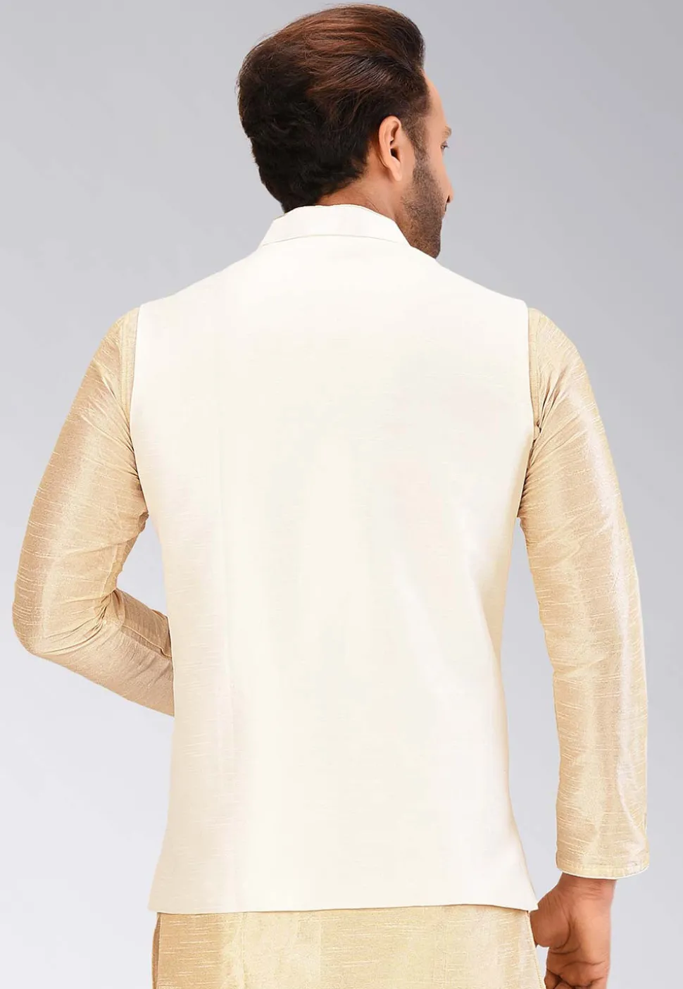 Solid Color Dupion Silk Nehru Jacket in Cream