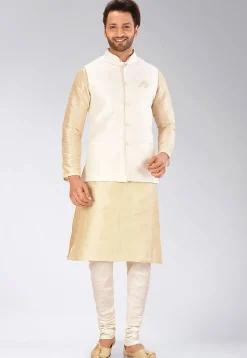 Solid Color Dupion Silk Nehru Jacket in Cream