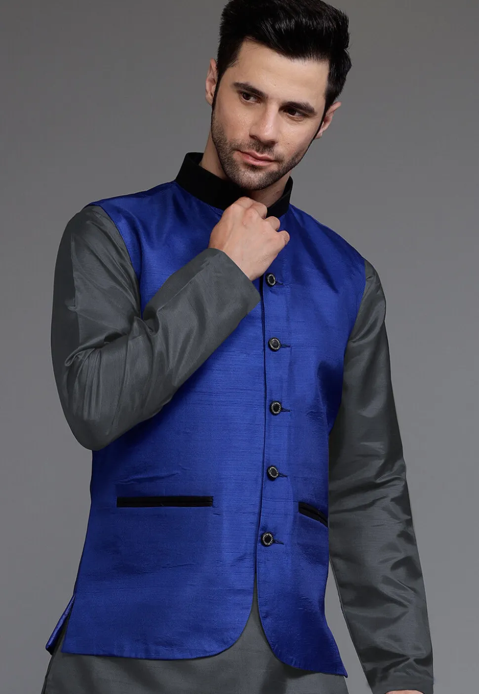 Solid Color Dupion Silk Nehru Jacket in Navy Blue