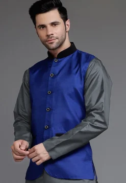 Solid Color Dupion Silk Nehru Jacket in Navy Blue