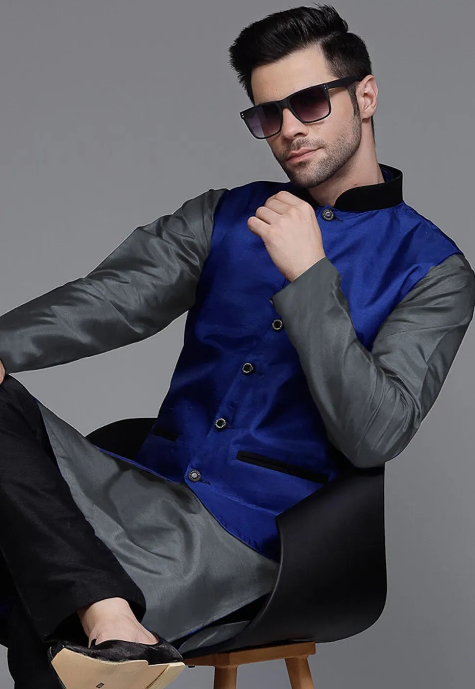 Solid Color Dupion Silk Nehru Jacket in Navy Blue