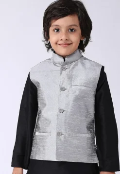 Solid Color Dupion Silk Nehru Jacket in Grey