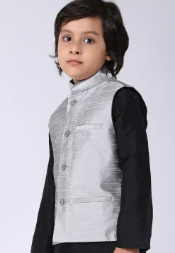 Solid Color Dupion Silk Nehru Jacket in Grey