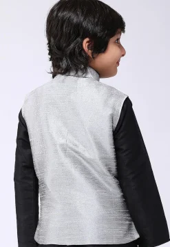 Solid Color Dupion Silk Nehru Jacket in Grey