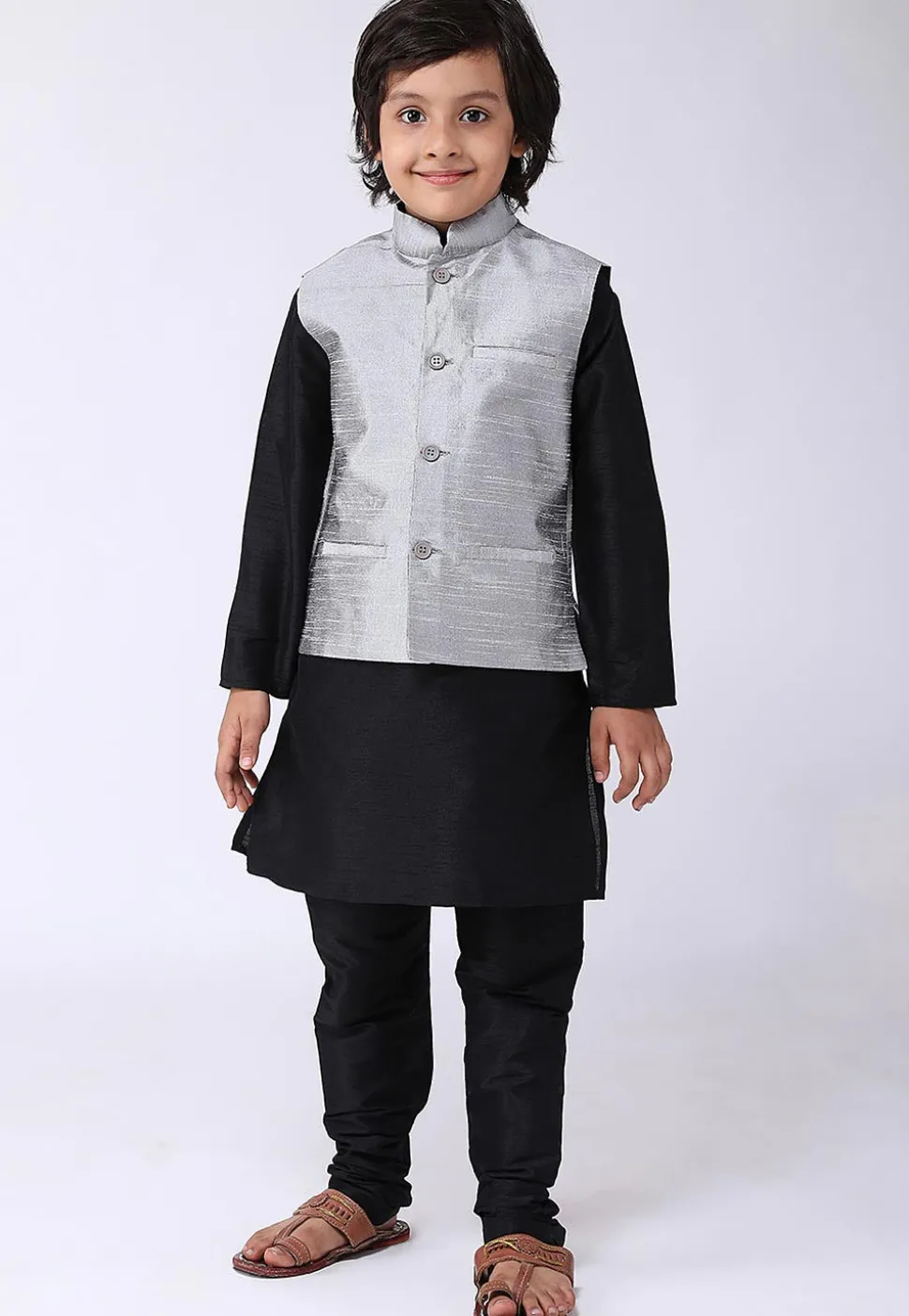 Solid Color Dupion Silk Nehru Jacket in Grey