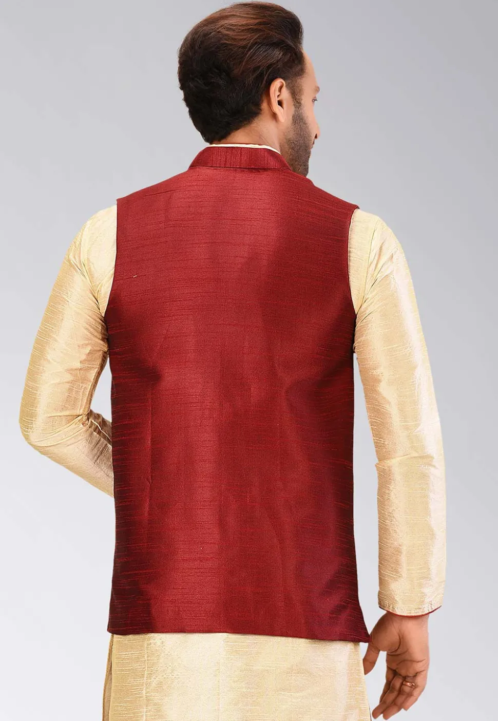 Solid Color Dupion Silk Nehru Jacket in Maroon