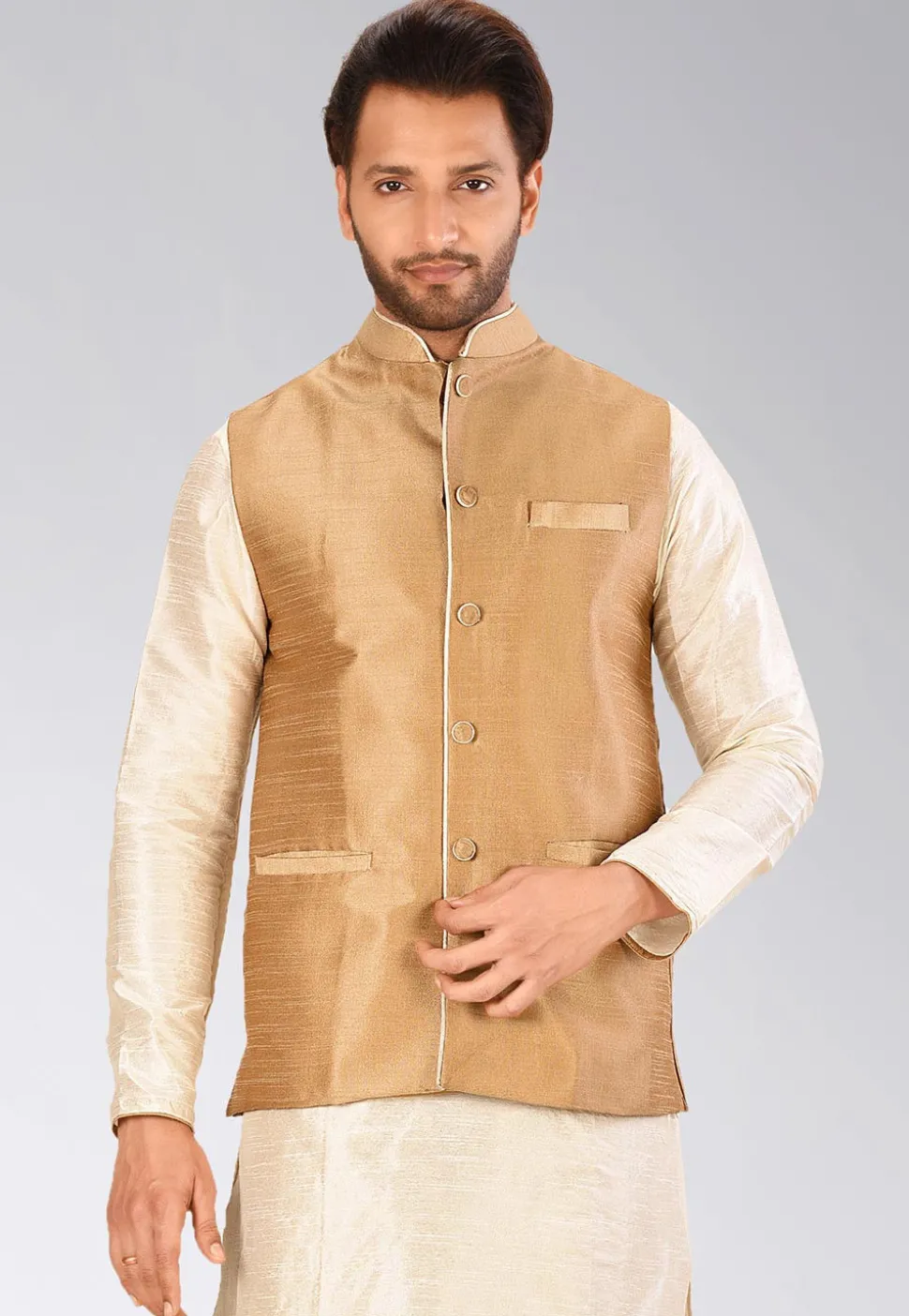 Solid Color Dupion Silk Nehru Jacket in Dark Beige