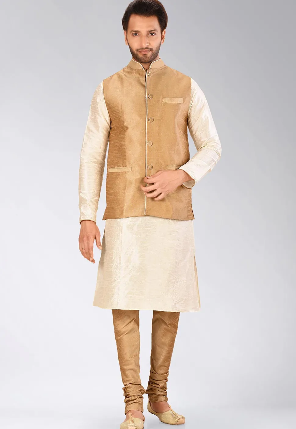 Solid Color Dupion Silk Nehru Jacket in Dark Beige