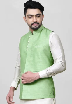 Solid Color Dupion Silk Nehru Jacket in Light Green