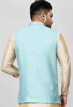 Solid Color Dupion Silk Nehru Jacket in Light Blue