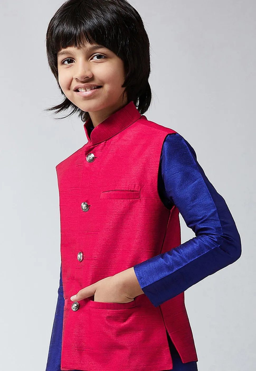 Solid Color Dupion Silk Nehru Jacket in Fuchsia