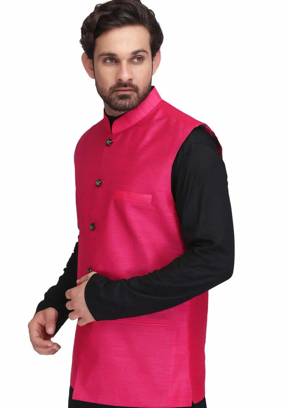 Solid Color Dupion Silk Nehru Jacket in Fuchsia