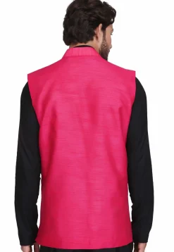 Solid Color Dupion Silk Nehru Jacket in Fuchsia