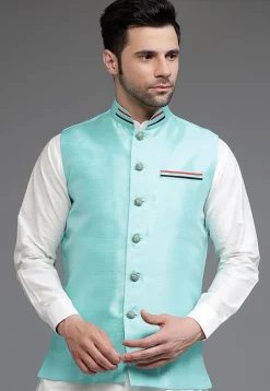 Solid Color Dupion Silk Nehru Jacket in Blue