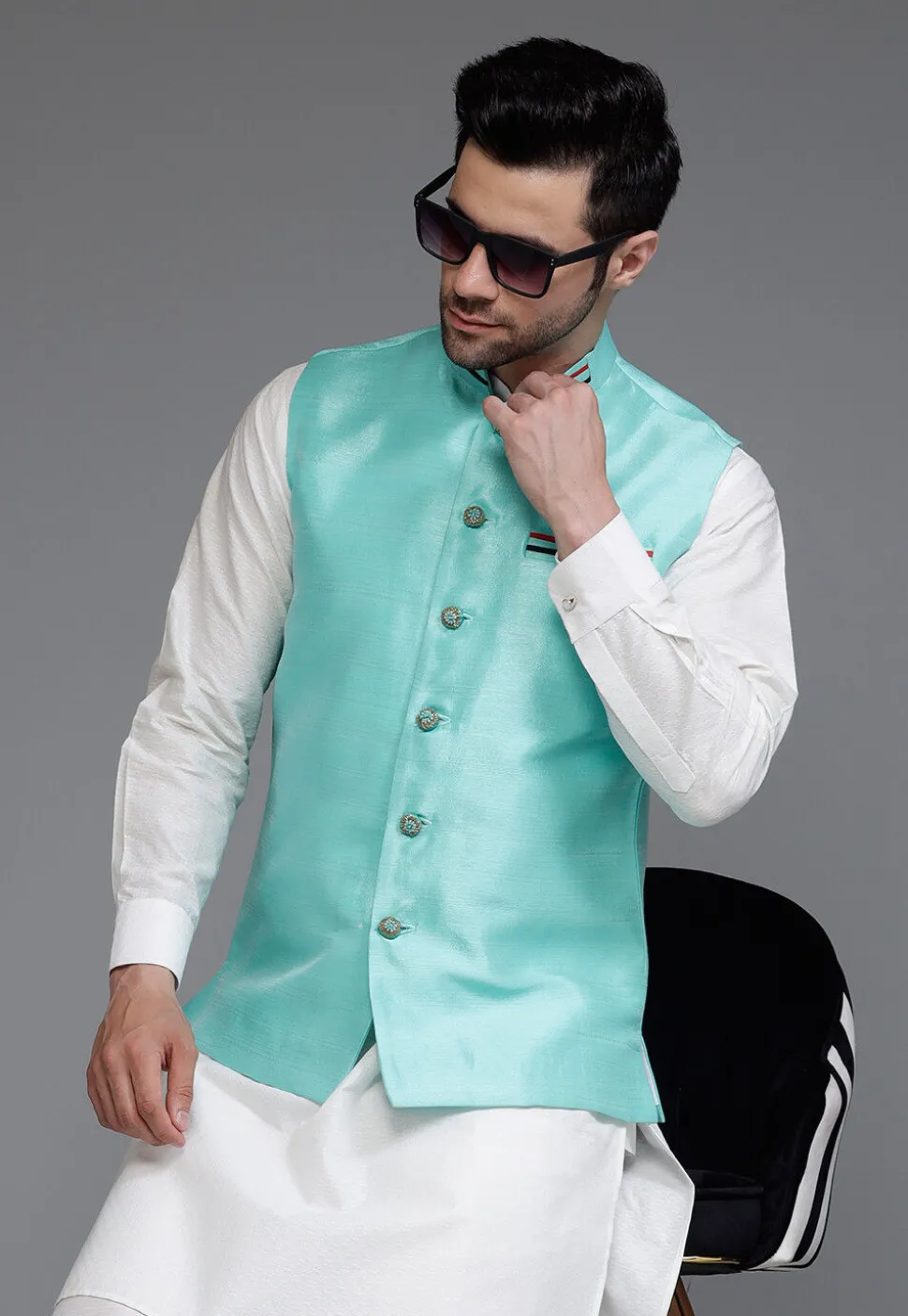 Solid Color Dupion Silk Nehru Jacket in Blue