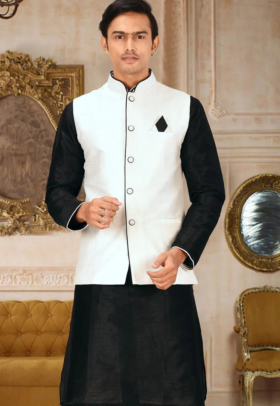 Solid Color Dupion Silk Nehru Jacket in White
