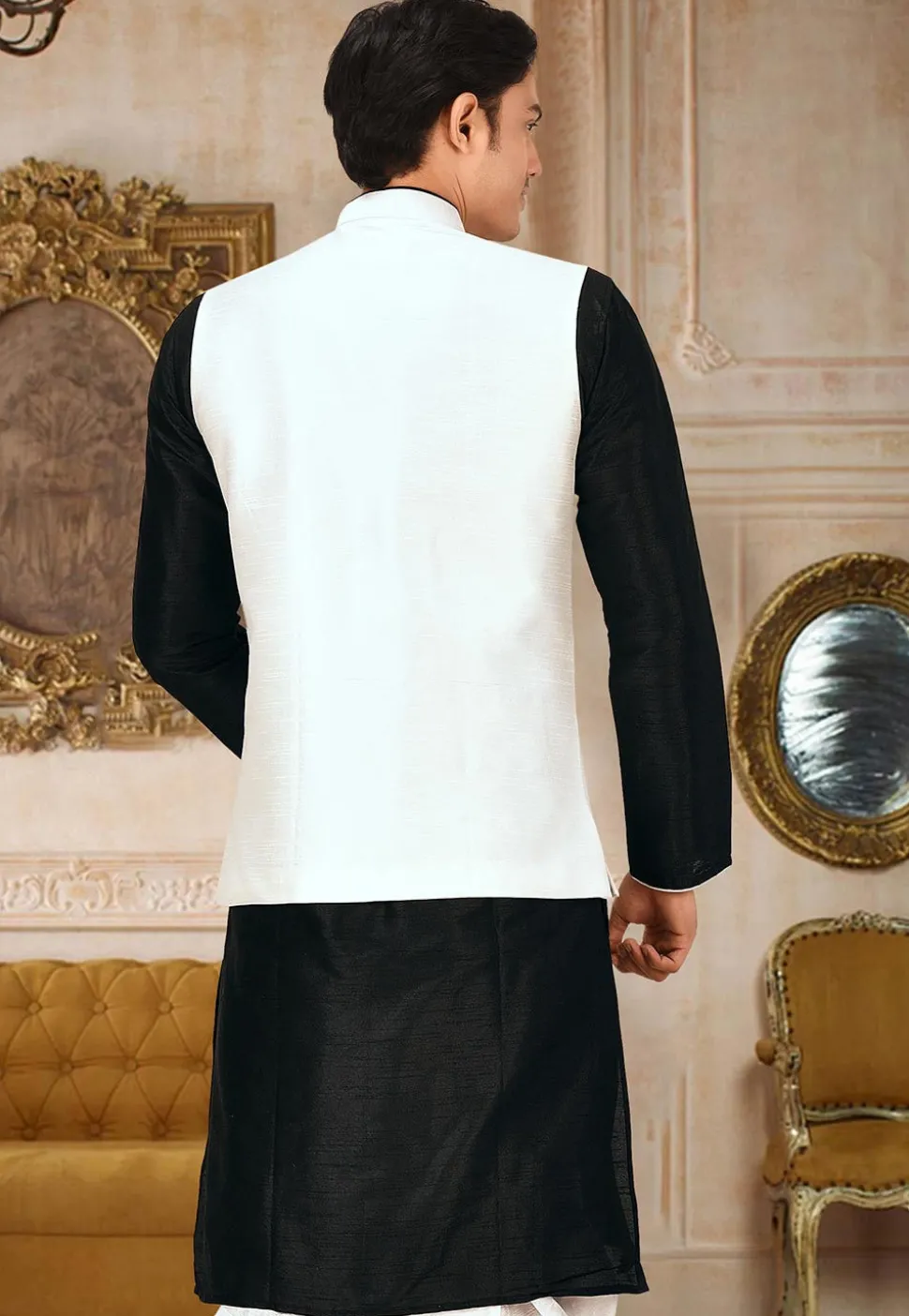 Solid Color Dupion Silk Nehru Jacket in White
