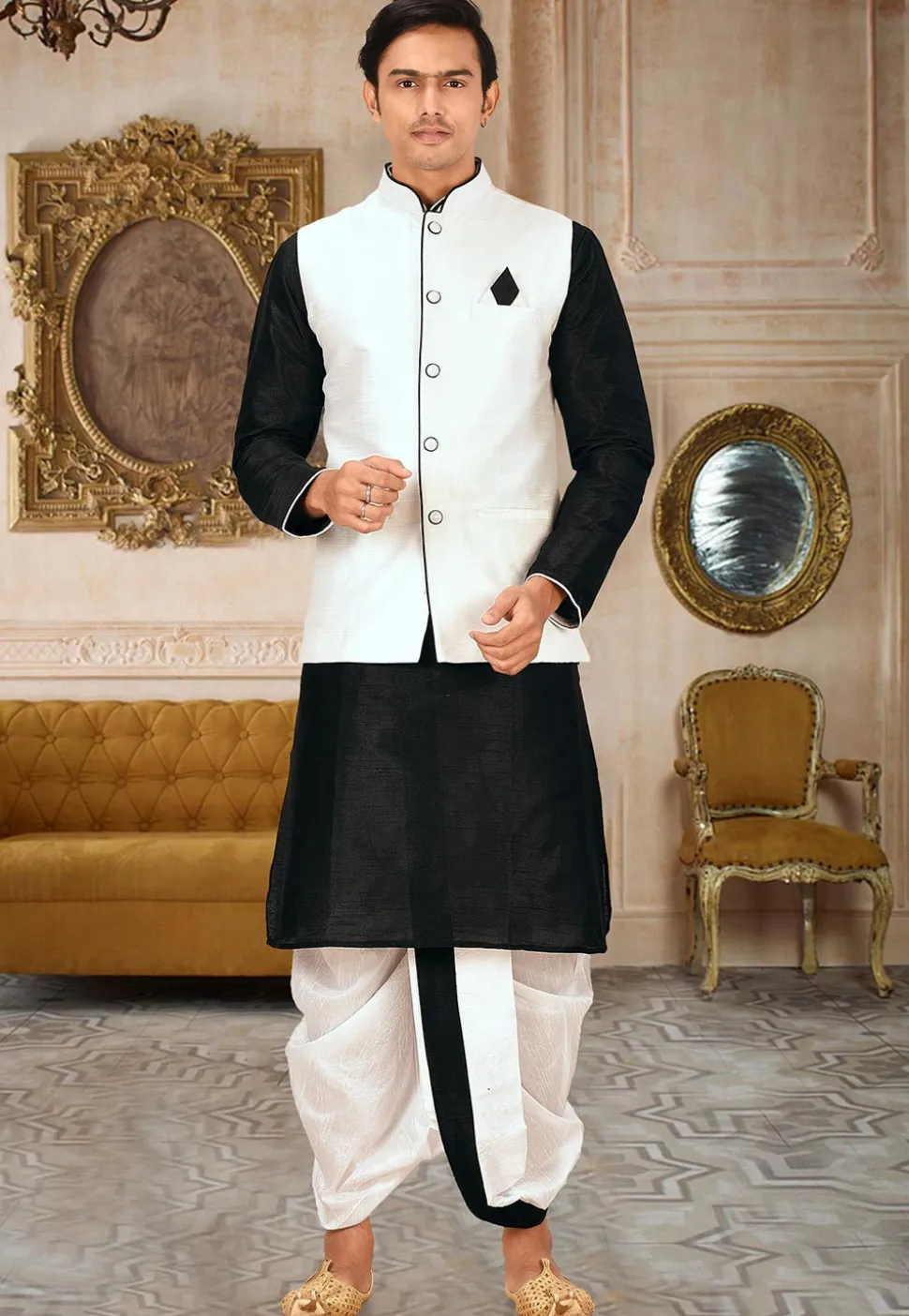 Solid Color Dupion Silk Nehru Jacket in White