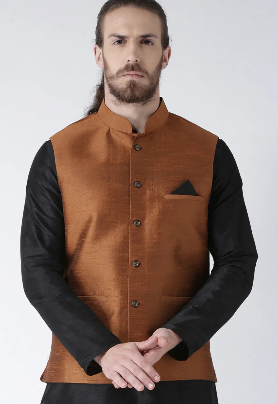 Solid Color Dupion Silk Nehru Jacket in Rust