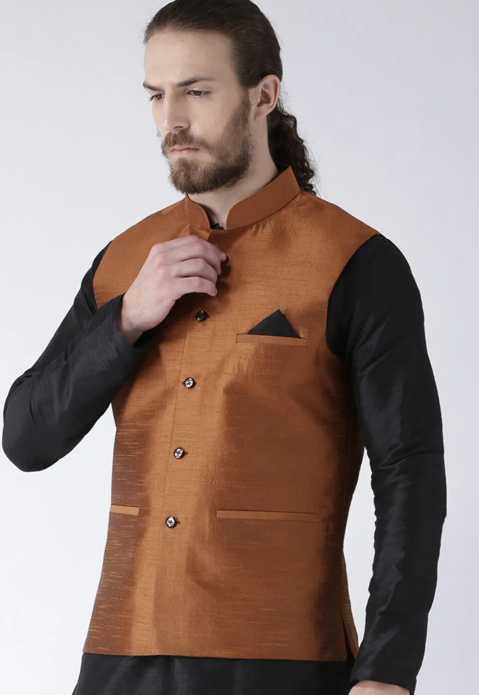 Solid Color Dupion Silk Nehru Jacket in Rust