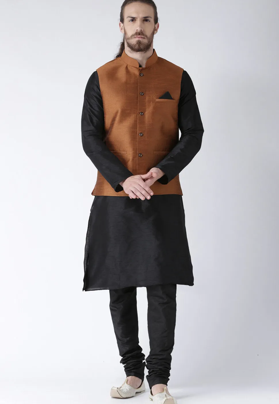 Solid Color Dupion Silk Nehru Jacket in Rust