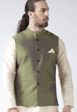 Solid Color Dupion Silk Nehru Jacket in Olive Green