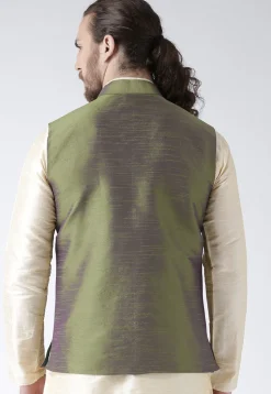 Solid Color Dupion Silk Nehru Jacket in Olive Green