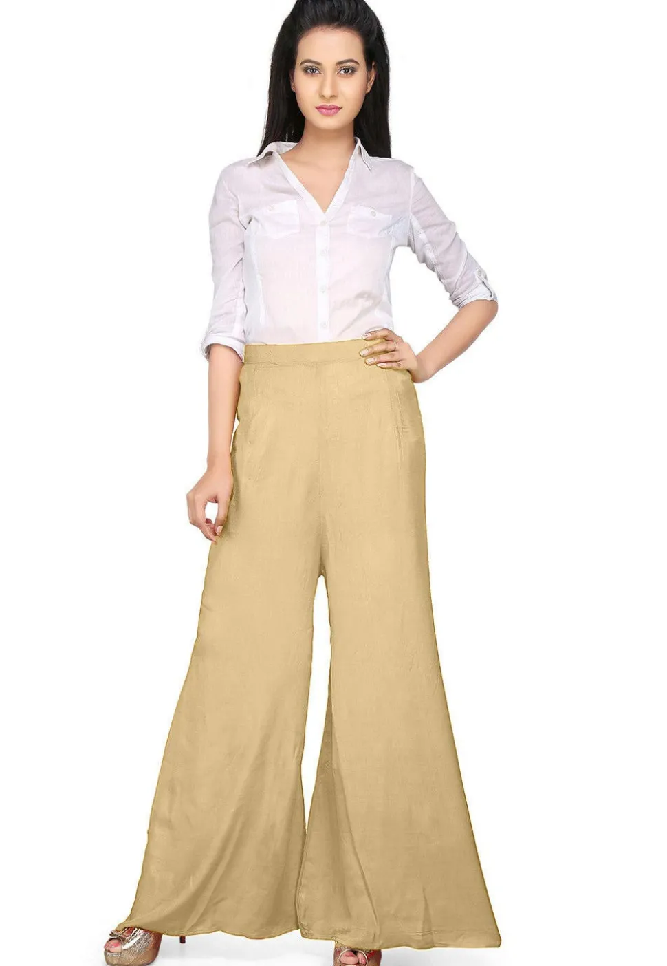 Solid Color Dupion Silk Palazzo in Beige