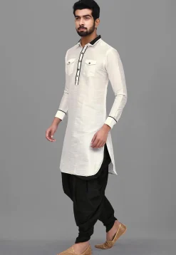 Solid Color Dupion Silk Pathani Suit in White