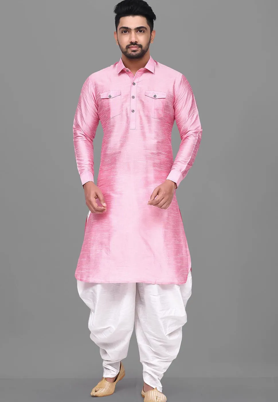 Solid Color Dupion Silk Pathani Suit in Pink
