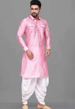 Solid Color Dupion Silk Pathani Suit in Pink