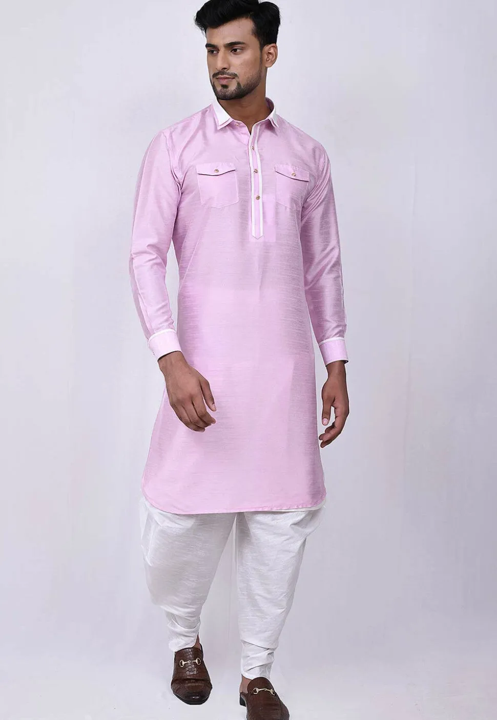 Solid Color Dupion Silk Pathani Suit in Pink