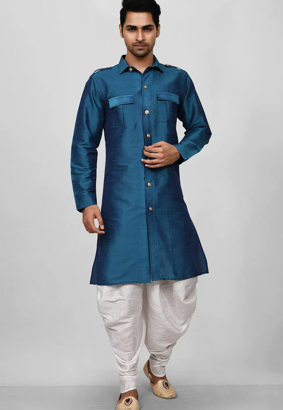 Solid Color Dupion Silk Pathani Suit in Teal Blue
