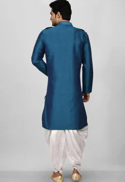 Solid Color Dupion Silk Pathani Suit in Teal Blue
