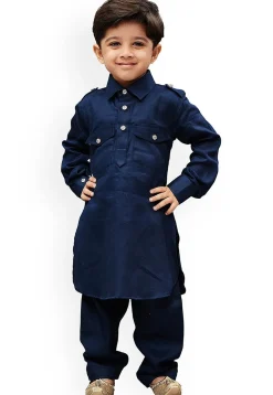 Solid Color Dupion Silk Pathani Suit in Navy Blue