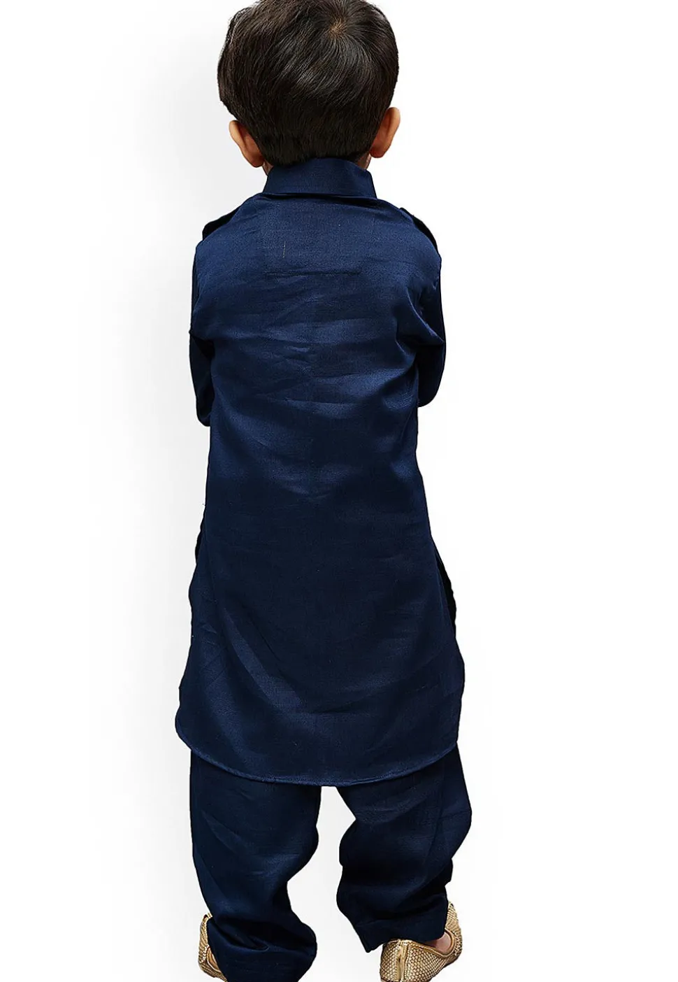 Solid Color Dupion Silk Pathani Suit in Navy Blue