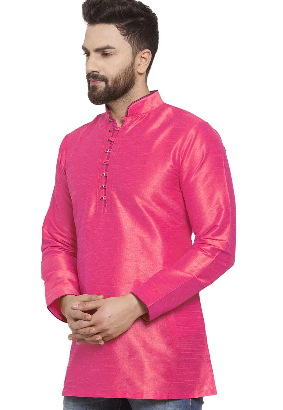 Solid Color Dupion Silk Short Kurta in Pink