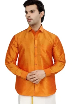 Solid Color Dupion Silk Shirt in Orange