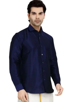 Solid Color Dupion Silk Shirt in Navy Blue