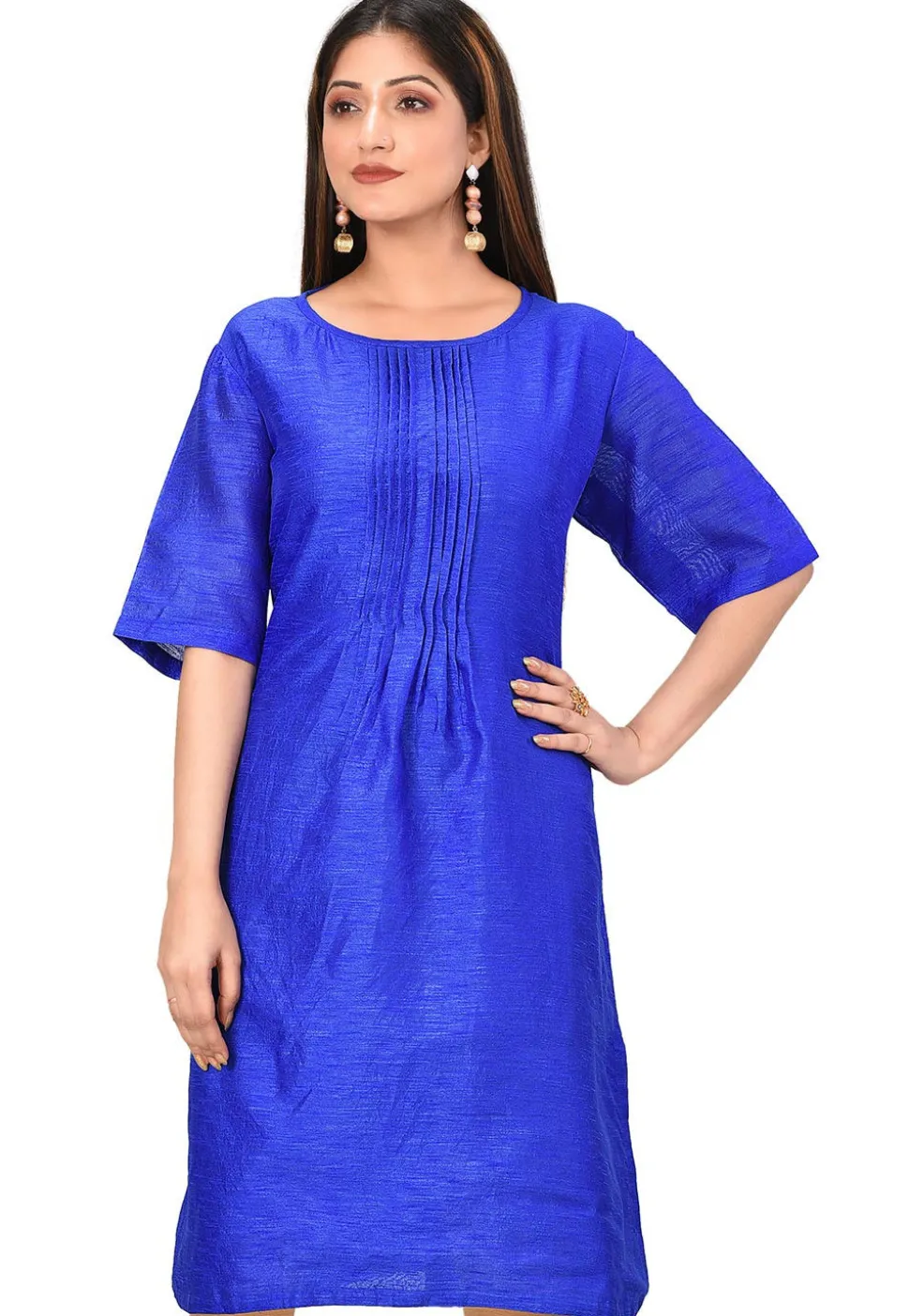 Solid Color Dupion Silk Straight Kurta in Royal Blue