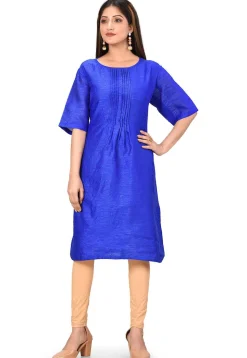 Solid Color Dupion Silk Straight Kurta in Royal Blue