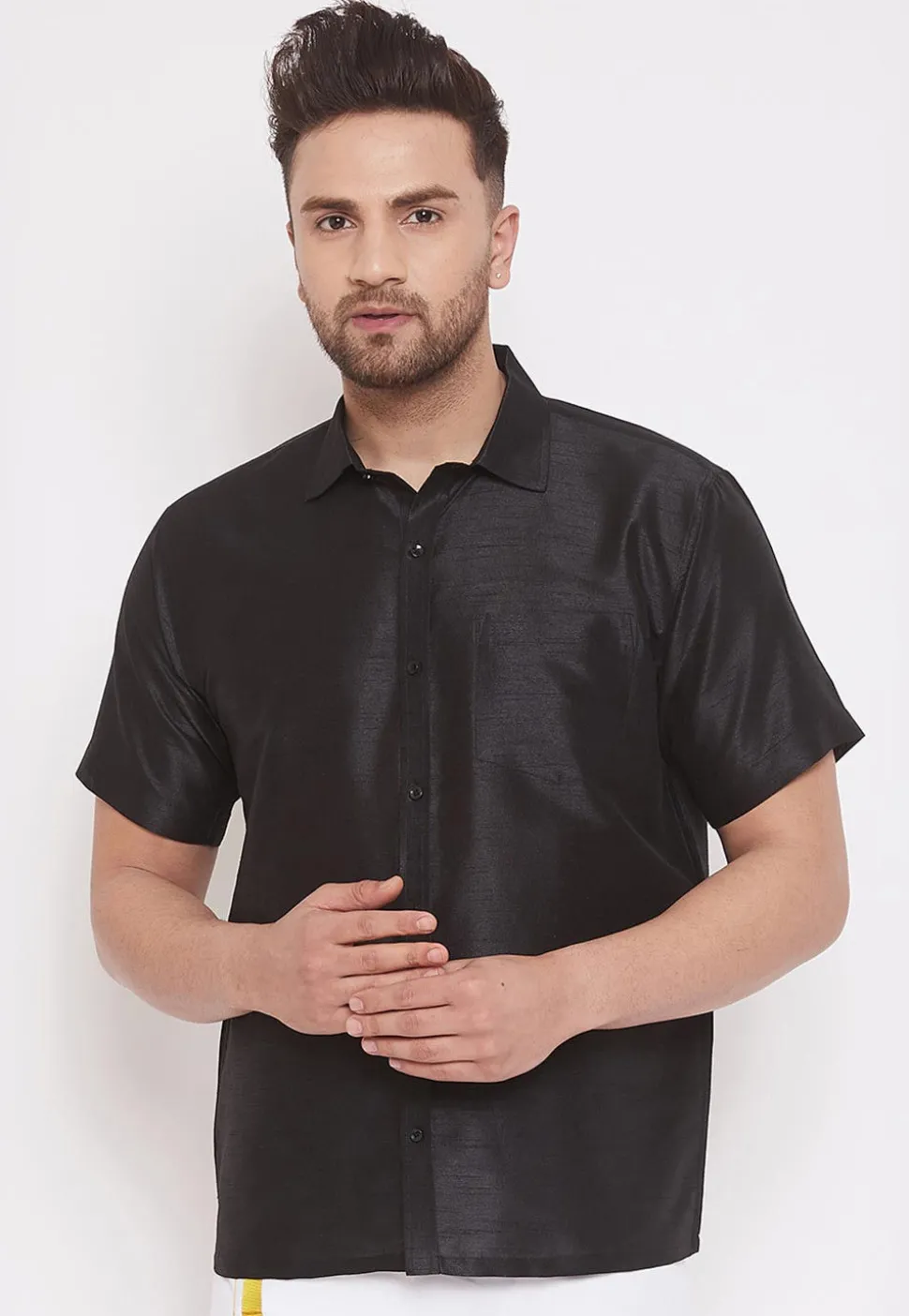Solid Color Dupion Silk Shirt in Black