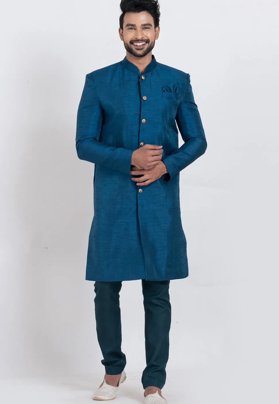 Solid Color Dupion Silk Sherwani in Teal Blue