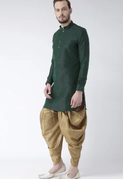 Solid Color Dupion Silk Short Dhoti Kurta in Dark Green