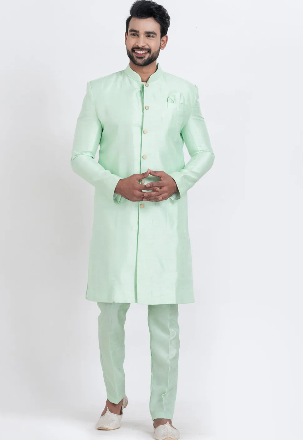 Solid Color Dupion Silk Sherwani in Sea Green